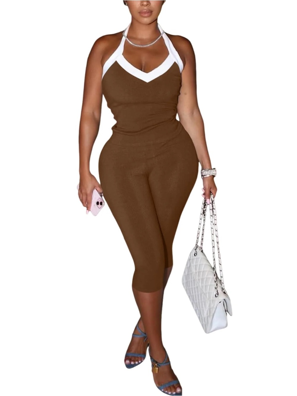 Women’s Brown Halter Two Piece Set with White Trim